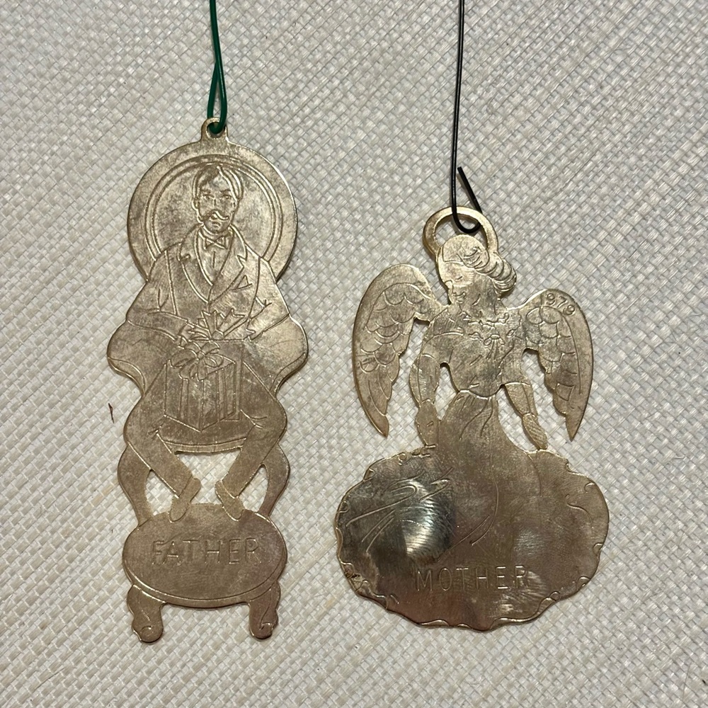 VINTAGE CHRISTMAS Ornament Gloria Duchin Gold finish Metal Mother and Father MCM
